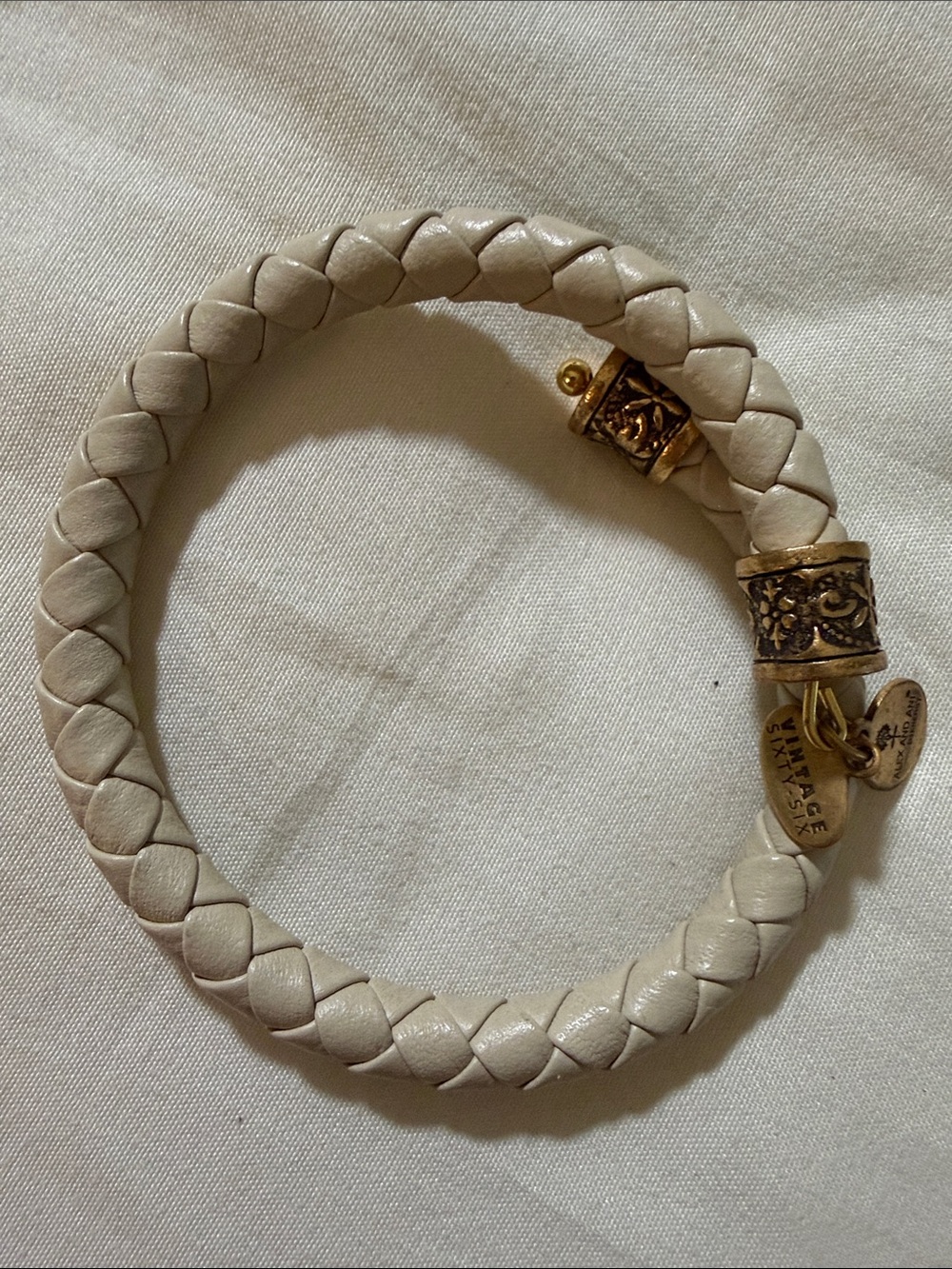 Alex and Ani Braided Vintage sixty-six Cream Leather Bracelet with Gold Accents